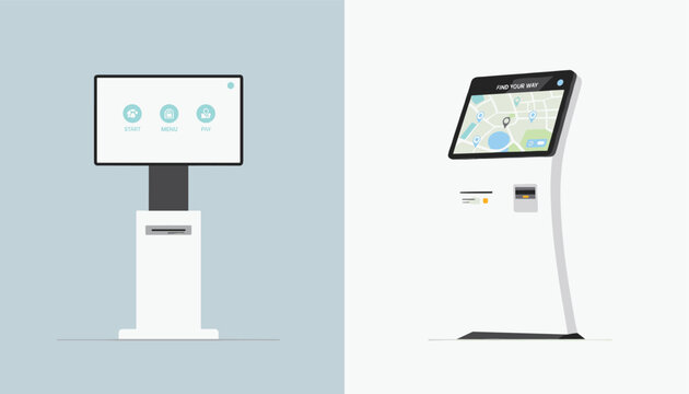 Self-service electronic payment and interactive map terminal kiosks for retail and public information navigation.