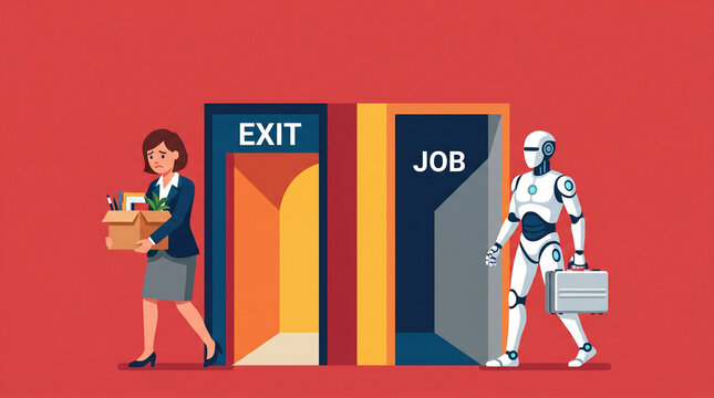 Robot replacing sad businesswoman at work automation concept