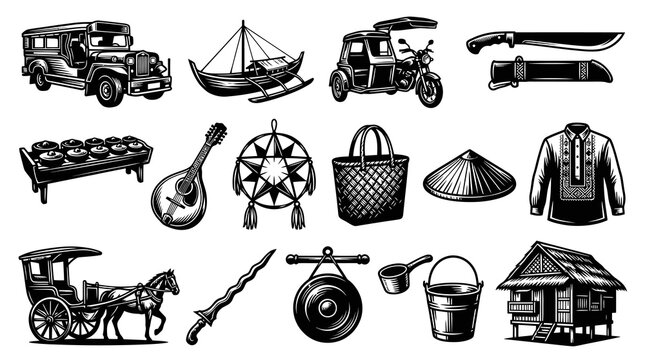 Vintage Filipino Culture Icons Collection - Philippines Black  White Engraving Vector Line Art Set
