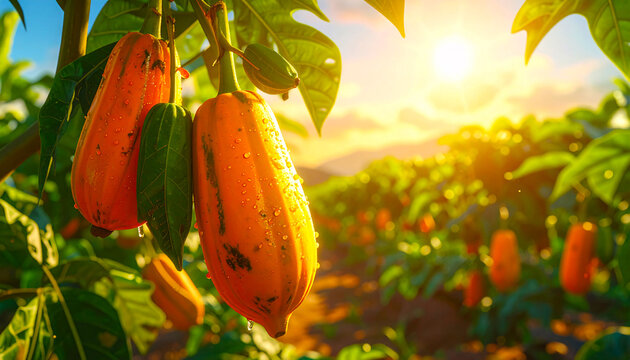 Ripe papayas hanging on a tree in a sunny plantation