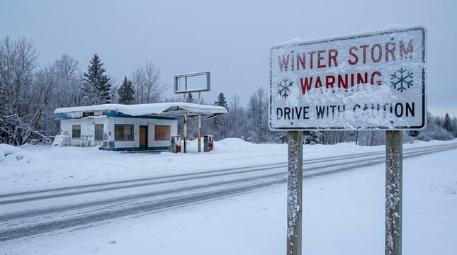 Winter storm warning road sign covered in snow in a quiet suburban neighborhood at dusk, high contrast studio lighting, close up macro shot, no people, no logos, no brands, commercial stock photo, hig