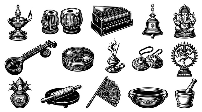 Vintage Indian Culture  Religion Icons Set. Traditional Hindu Musical Instruments  Symbols in Engraving Black  White Line Art.