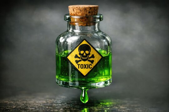 A bottle with a skull and crossbone sign, often used to warn of poison or danger