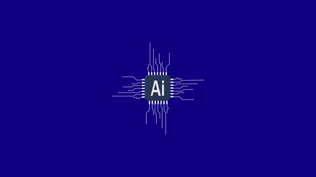 Central processing unit with AI text and radiating circuit lines on blue background artificial animation