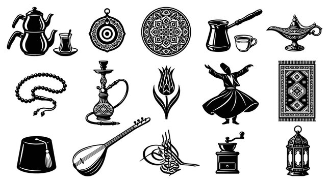 Turkish and Ottoman Culture Icons Set - Vintage Etched Black  White Glyph Symbols