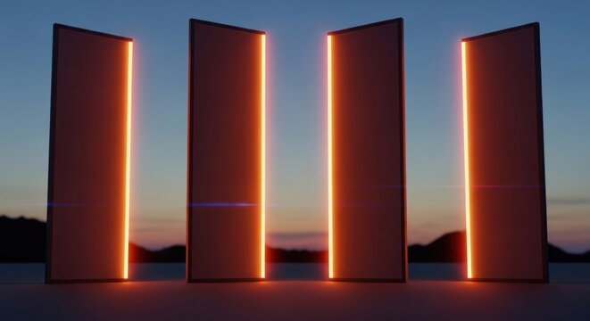Four illuminated monoliths stand in a serene landscape at dusk.