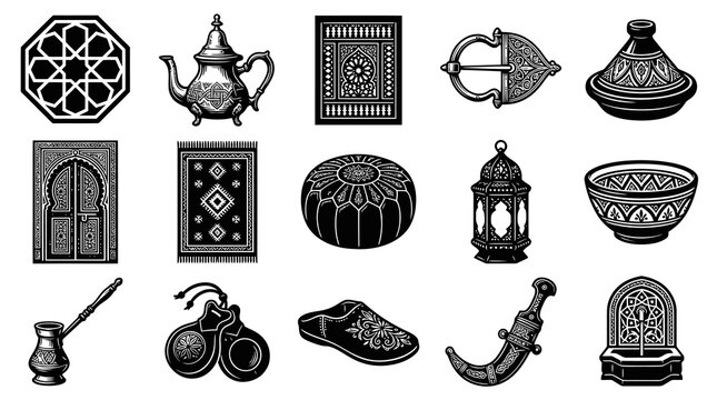 Islamic Ornaments Collection Black  White Line Art Vector Elements