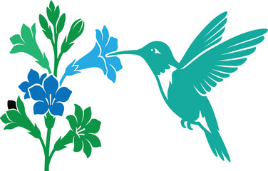 Hummingbird sipping nectar from blue flowers © MST