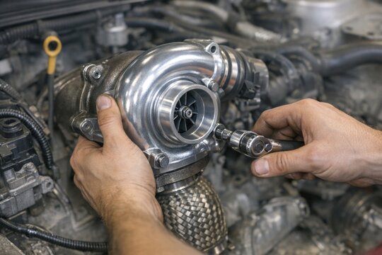 A close-up view of a person tinkering with a car engine, likely making repairs or adjustments