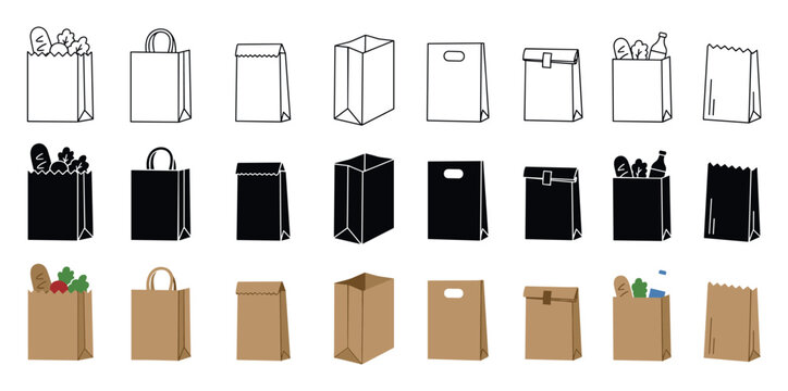 Paper shopping and grocery bag icon set featuring three different design styles including outline, solid black silhouette, and brown kraft paper color illustrations
