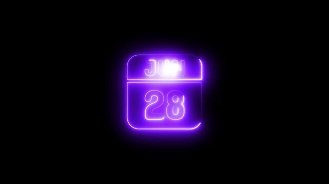Neon glowing calendar date june 28th 4k animation video on black background 