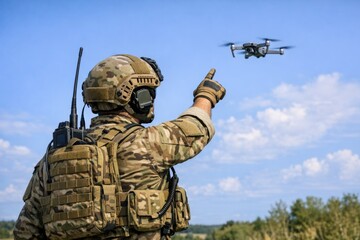 Obraz premium A person in camouflage attire holds a remote control drone