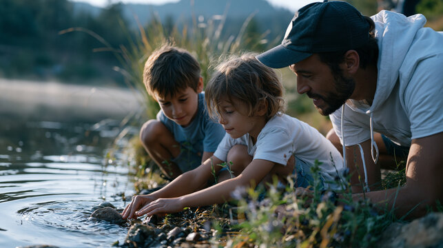 Two children coached by an adult at a calm lake edge studying stone-skipping wrist technique in early morning mist, competitive stone skipping introduction, outdoor recreation, family skill activity