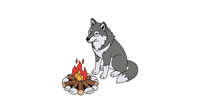 Gray wolf sitting by a campfire with flames.
