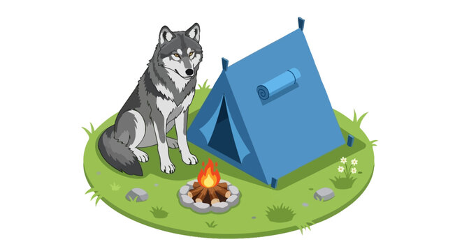 Gray Wolf Sitting Beside Blue Camping Tent and Fire.
