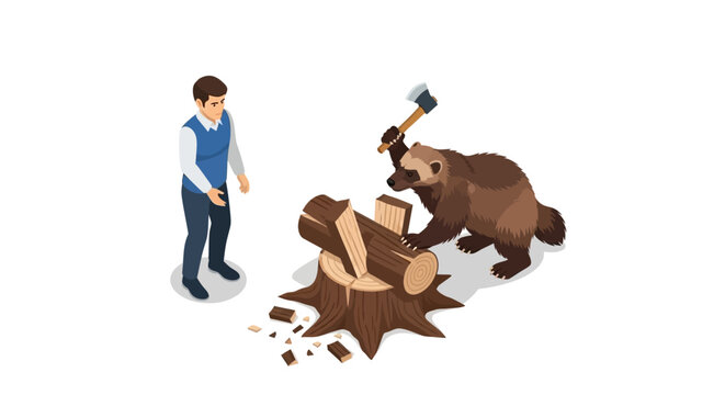 Cartoon bear chopping wood with axe near boy.