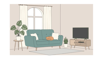 Fototapeta premium Cozy modern living room interior featuring a green sofa with a sleeping cat and a flat screen television set.