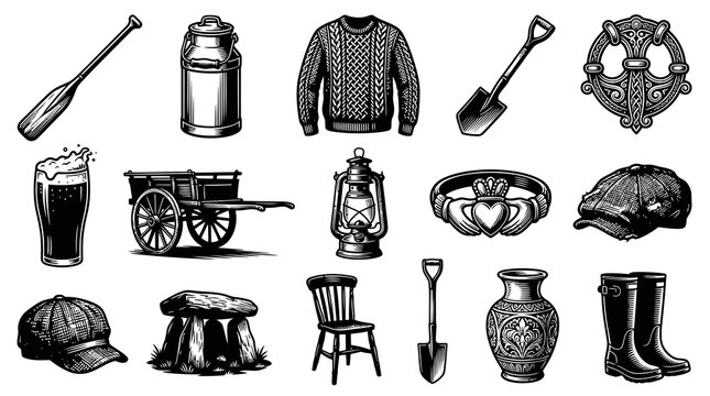 Irish Heritage Icons: Sweater, Claddagh Ring, Cap, Beer, Cart, BW Illustration