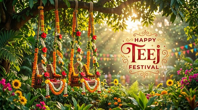 Happy Teej festival celebration background with traditional decorated wooden swing in beautiful garden