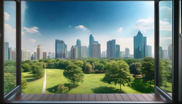cityscape zoom background from a window with a view of a park and skyscrapers in the distance
