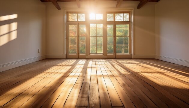 sunlit empty room a tranquil and spacious empty room with weathered wooden floorboards bathed in gentle sunlight streaming through a large grid window