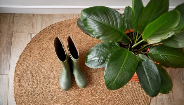 overhead shot of neutral toned rubber rain boots and a green pilea peperomioides houseplant in a terracotta pot on a cozy woven rug
