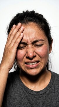 Mexican Woman with Intense Pain Expression and Forehead Gesture Studio Portrait