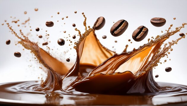 coffee splash and beans a dynamic close up captures a splash of coffee and falling coffee beans frozen in motion against a white background creating an energetic and invigorating visual