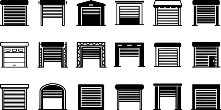 Industrial Roller Shutter Door Vector Icon Set &ndash; Garage Doors, Warehouse Gates and Metal Security Shutters Black Icons Isolated on White Background