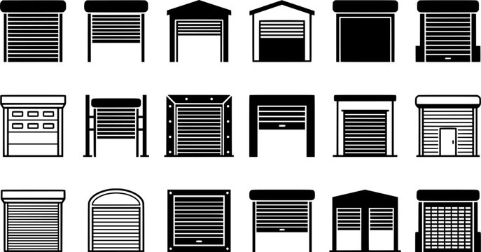 Industrial Roller Shutter Door Vector Icon Set &ndash; Garage Doors, Warehouse Gates and Metal Security Shutters Black Icons Isolated on White Background
