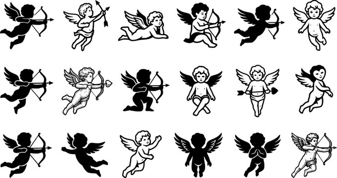 Cupid Angel Silhouette Collection &ndash; Flying Cherub, Love Angel, Valentine Cupid with Bow and Arrow Black Vector Icon Set Isolated on White Background