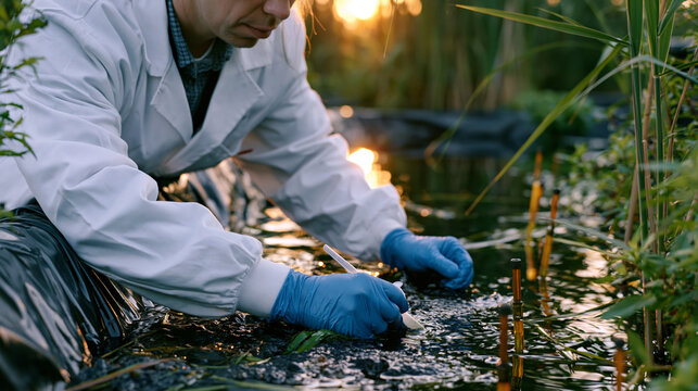 Environmental scientist releasing oil-digesting bacterial consortium into contained wetland mesocosm as part of bioremediation field trial, monitoring probes already inserted, golden hour marsh ligh