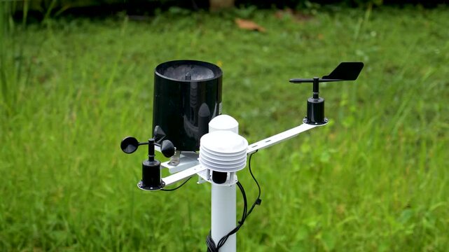 An automatic weather station stands in a green grassy garden. Its sensors capture rainfall, wind speed, and direction, actively collecting environmental data