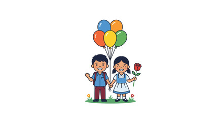 Fototapeta premium Happy Children with Balloons and Rose, Back to School Celebration Illustration