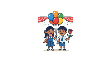 Fototapeta premium Happy Children with Balloons and Rose, Back to School Celebration