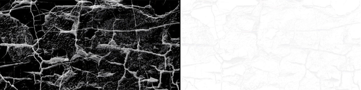 Cracked ice texture with white fractures and frozen surface details on black and transparent background for design use.