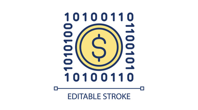 Modern vector illustration of a digital dollar coin surrounded by binary code in blue gold