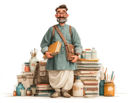 Indian teacher in traditional clothing with school supplies in flat cartoon-style vector illustration