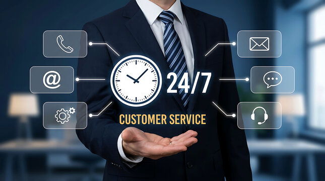 Man holding virtual twenty four seven clock icon for online customer service