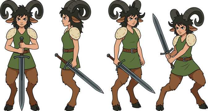 Fantasy Satyr Warrior Female Character Sheet Vector Featuring Horned Faun Girl with Sword in Front Side and Combat Poses for Game Design