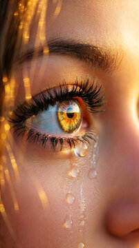 woman's eye closeup with  teardrops