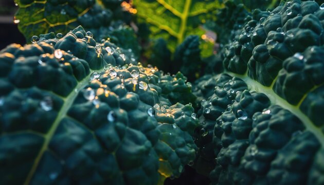 Close up of fresh green kale leaves glistening with dew drops in soft morning light, highlighting natural textures and vibrant organic produce.