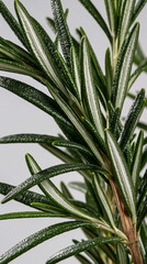 Obraz premium Lush Rosemary Sprig with Dewdrops Captured in Natural Light, Evoking Freshness and Culinary Inspiration in an Inviting Kitchen Setting