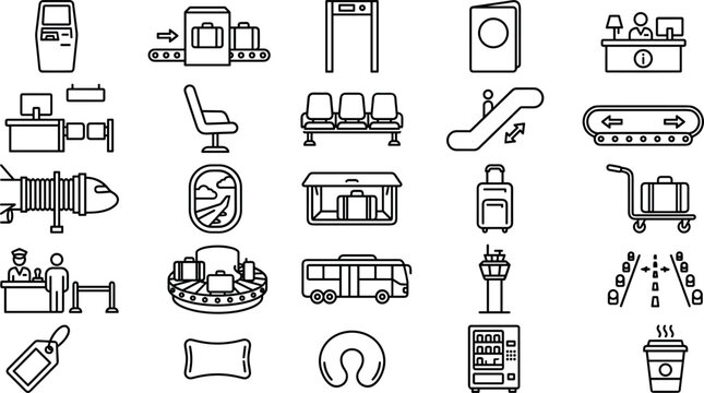 Airport Terminal Infrastructure and Commercial Aviation Vector Icon Set Featuring Luggage Scanners, Border Checkpoints, Runway Lanes, Control Towers, and Passenger Boarding Gates