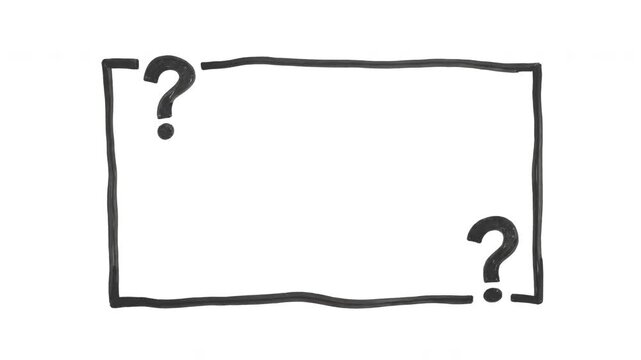 A hand-drawn animated rectangular border with two question marks wiggles against a bright white background, providing a perfect sketch-style query box template. 4K Alpha Channel