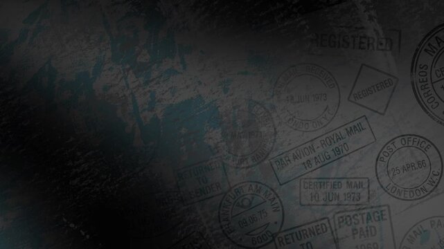 A faded abstract grunge retro-style background with traces of paint strokes on a gray wall with postmarks and inscriptions, looped animated texture.