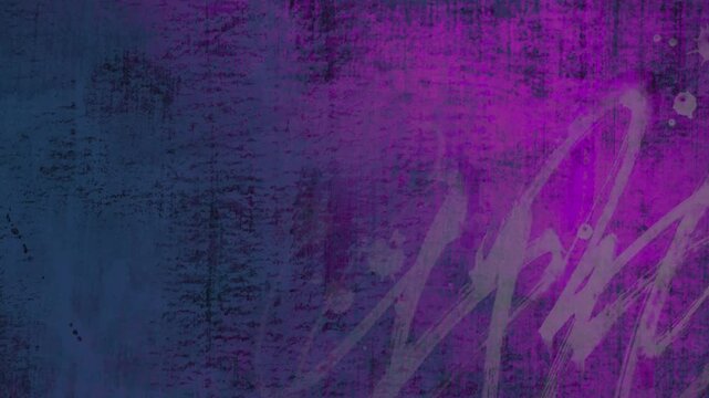 Bright abstract grunge background with traces of paint on a bright purple wall with inscriptions, looped animated texture.