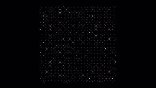 Abstract dark background with shimmering geometric particles in motion.