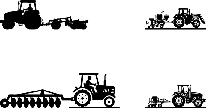 Tractor operator towing farm equipment silhouette.