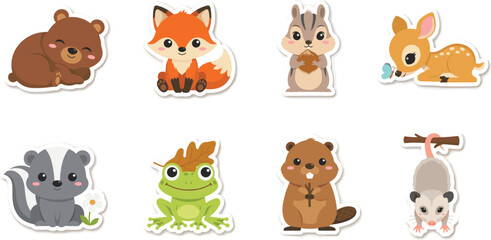 Fototapeta premium Cute Woodland Animals Vector Sticker Set Featuring Bear Fox Chipmunk Fawn Skunk Frog Beaver and Opossum Characters for Kids Nursery Scrapbook Designs